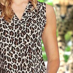 VINCE CAMUTO Blouse Top Leopard Print Sleeveless V Neck Black Size Medium